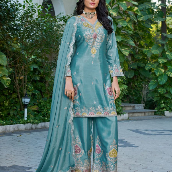 Anaita Sky Blue Chinon Stitched Plazzo Suit With Dhaga & Sequence Work - Distacart