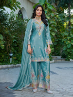 Thumbnail for Anaita Sky Blue Chinon Stitched Plazzo Suit With Dhaga & Sequence Work - Distacart