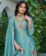 Thumbnail for Anaita Sky Blue Chinon Stitched Plazzo Suit With Dhaga & Sequence Work - Distacart