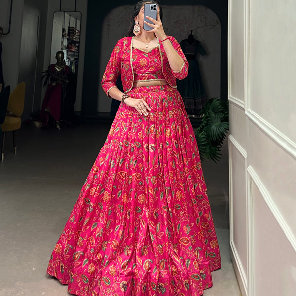 Lorenvalley Pink Tussar Silk Floral Print With Gota Patti Touch Up ethnic Co-ord Set - Distacart