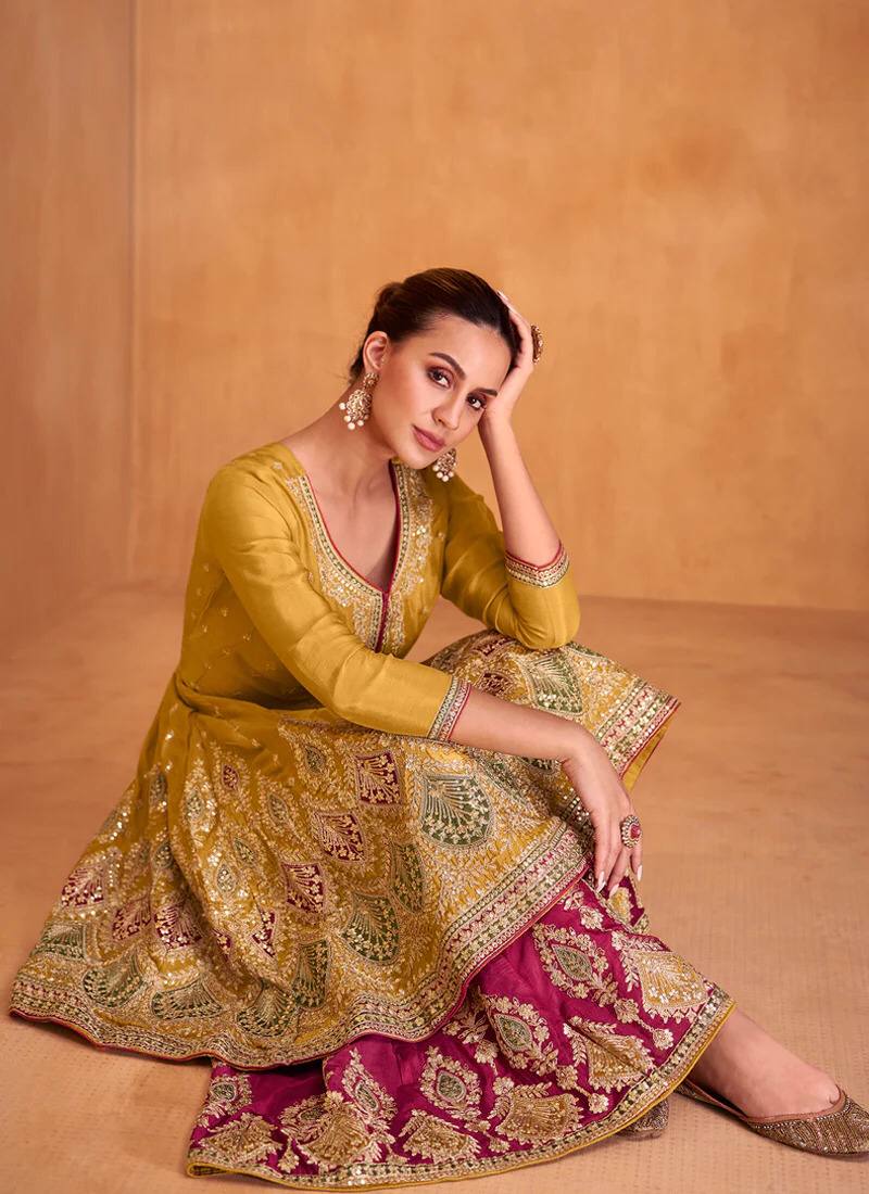 Lorenvalley Yellow Chinon Embroidery With Sequince Work Salwar Kameez Stitched - Distacart