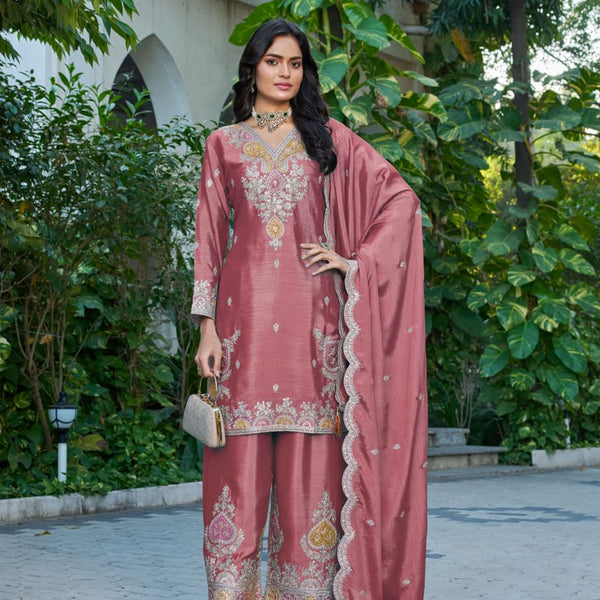 Anaita Peach Chinon Stitched Plazzo Suit With Dhaga & Sequence Work - Distacart