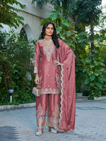 Thumbnail for Anaita Peach Chinon Stitched Plazzo Suit With Dhaga & Sequence Work - Distacart