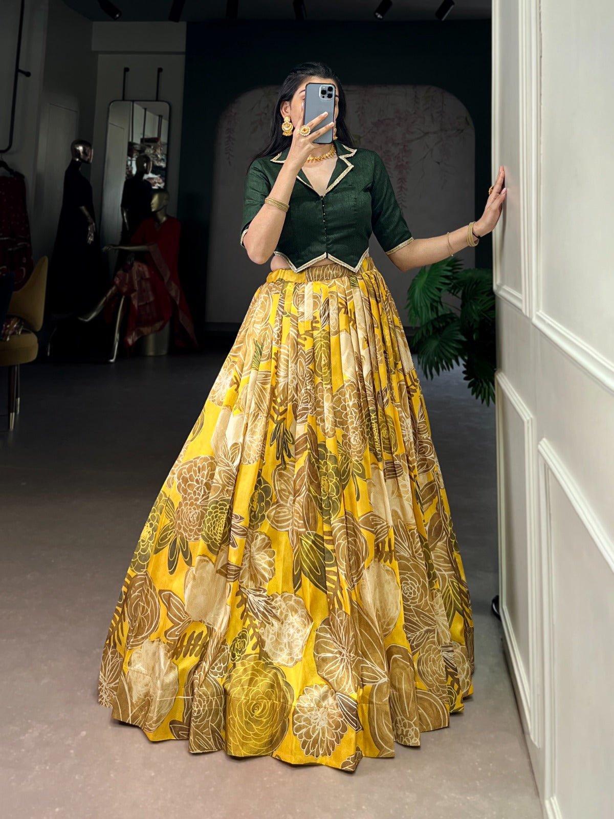 Lorenvalley Fashion Mustard Tasar Silk Floral Print Lehenga Choli