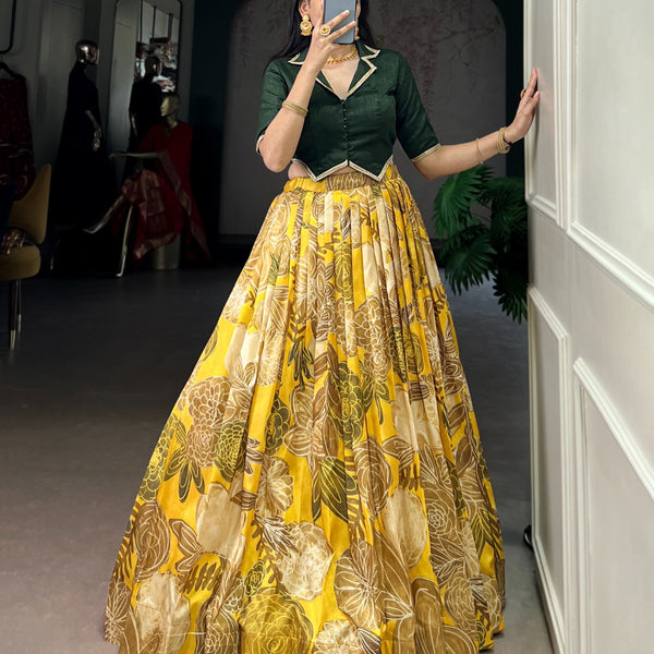 Lorenvalley Fashion Mustard Tasar Silk Floral Print Lehenga Choli