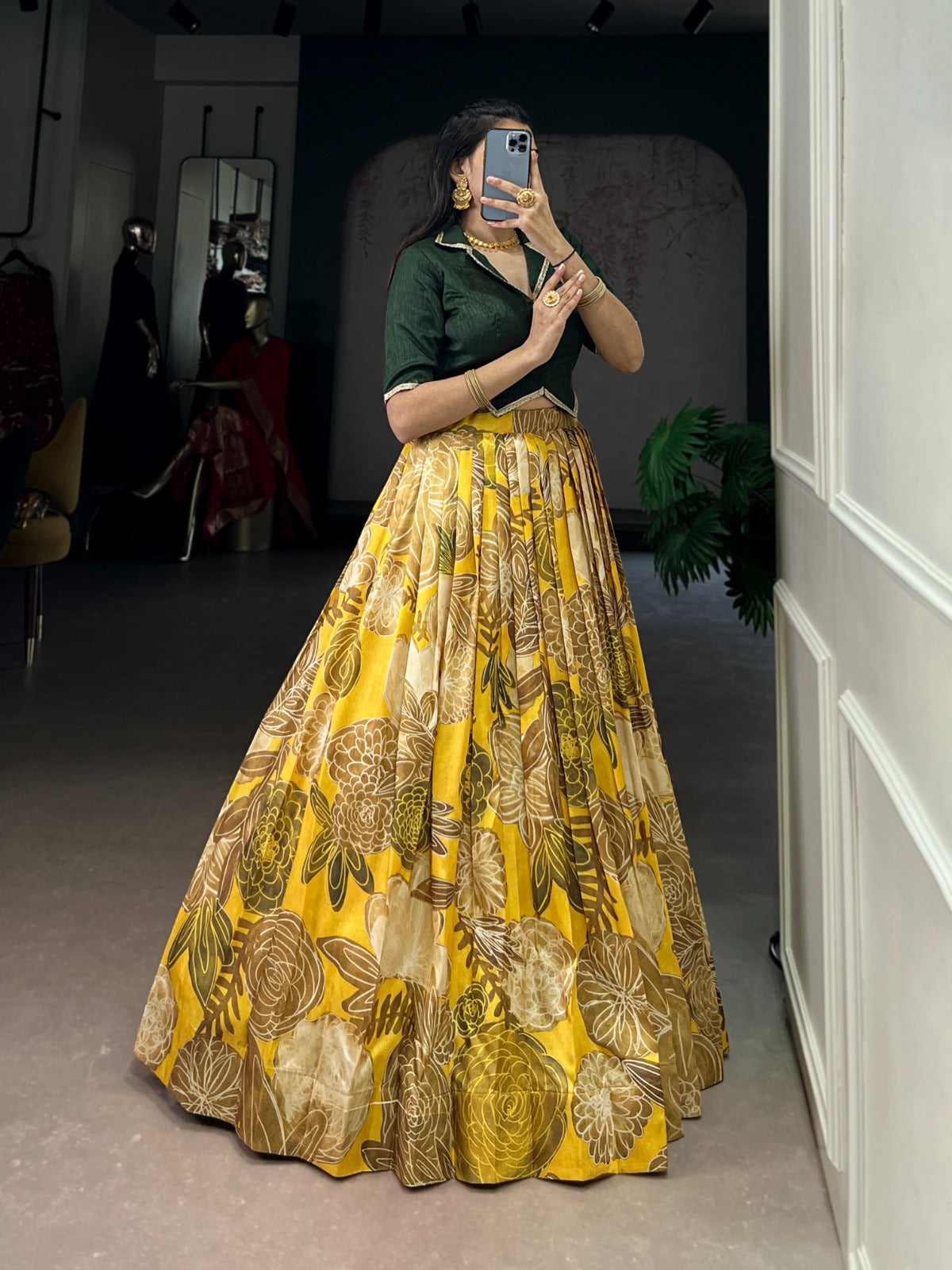 Lorenvalley Fashion Mustard Tasar Silk Floral Print Lehenga Choli