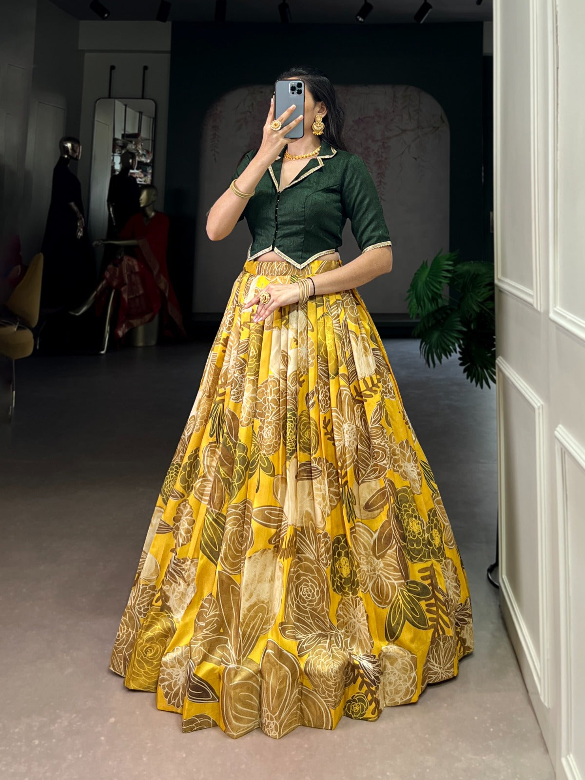 Lorenvalley Fashion Mustard Tasar Silk Floral Print Lehenga Choli