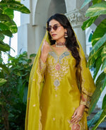 Thumbnail for Anaita Mustard Chinon Stitched Plazzo Suit With Dhaga & Sequence Work - Distacart