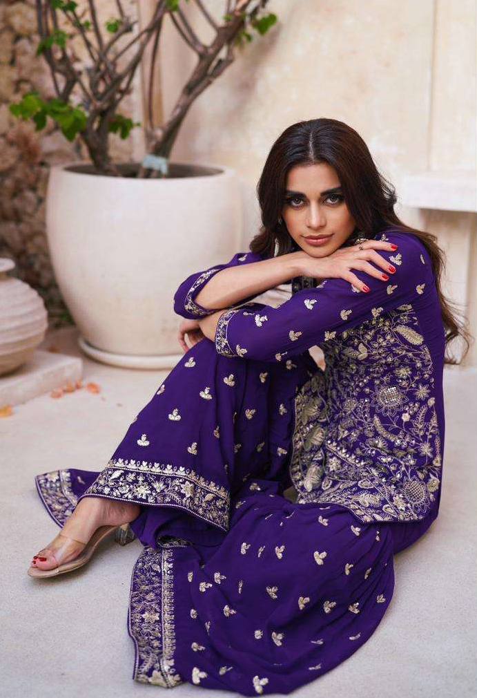 Lorenvalley Purple Georgette Embroidery With Sequince Work Salwar Kameez Stitched - Distacart