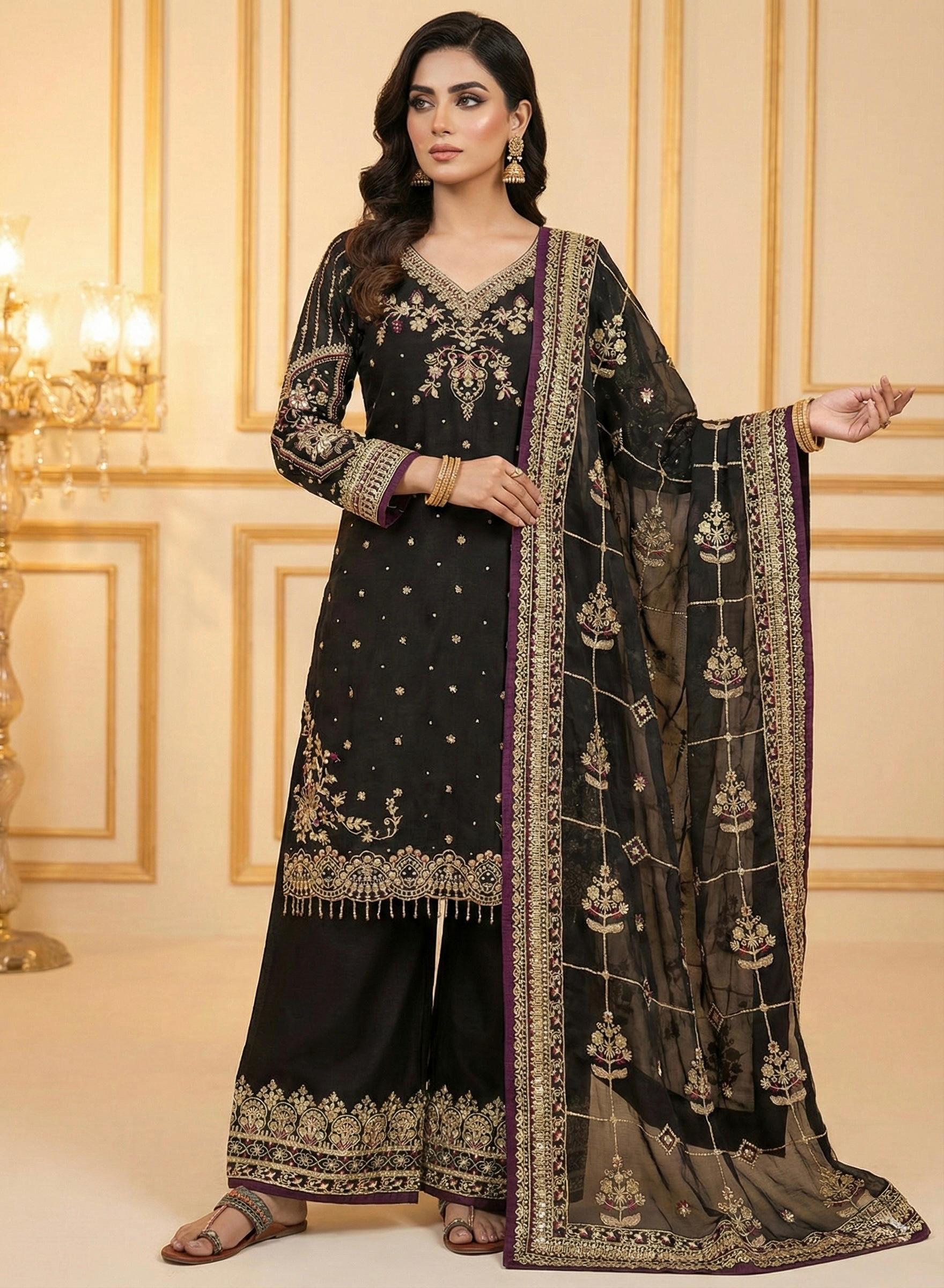 Anaita Black Chinon Silk Readymade Suit with Embroidery & Sequence Work - Dista