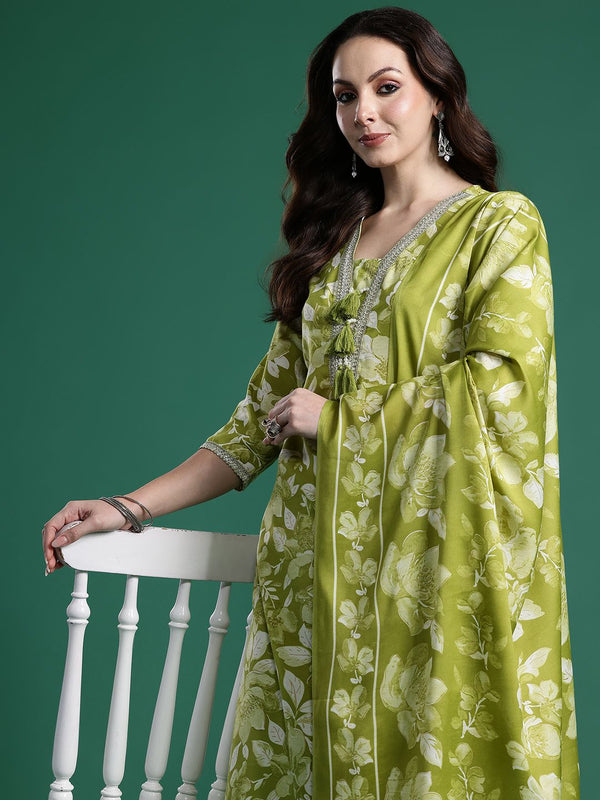 Indo Era Women Floral Printed Regular Beads and Stones Kurta with Trousers & With Dupatta