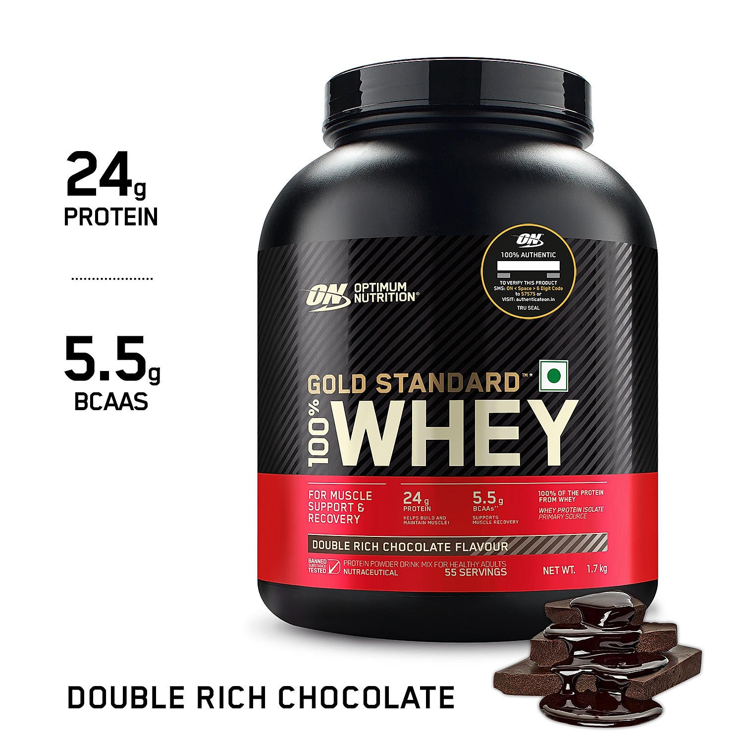 Optimum Nutrition Gold Standard 100% Whey Protein Powder (Double Rich Chocolate) 1.7kg & Micronised Creatine Powder (Unflavoured) 250 gm