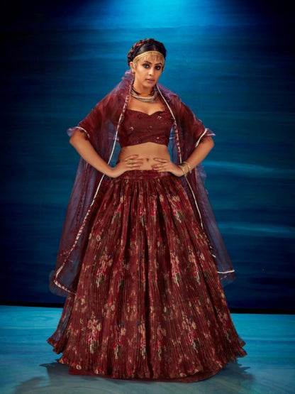 Anaita Maroon Organza Lehenga Choli With Sequence & Thread Work - Distacart