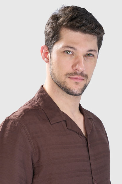 Xkind Brown Horizontal Pleated Stripes Relaxed Fit Shirt - Distacart