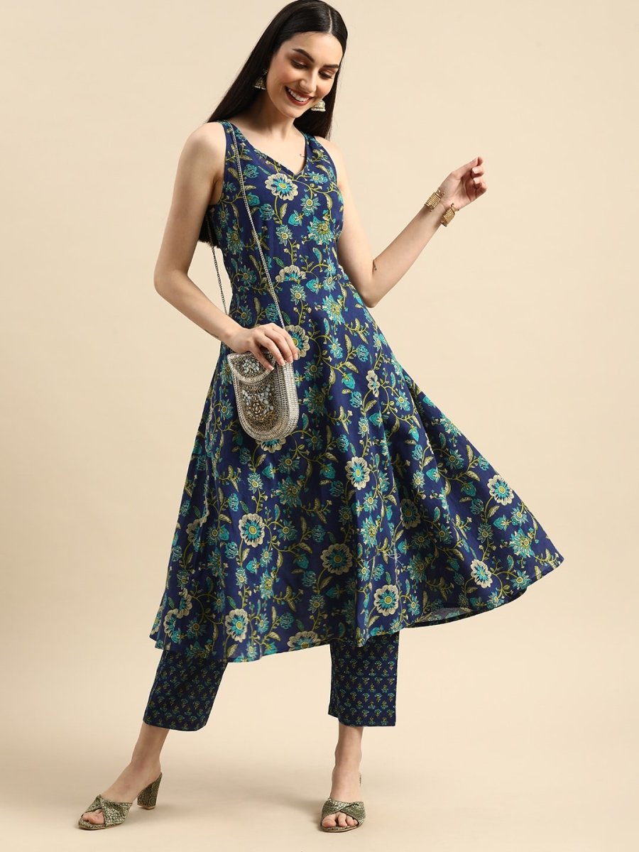 Anouk Women Navy Blue Floral Printed Styled Back Pure Cotton Kurta with Trousers - Distacart