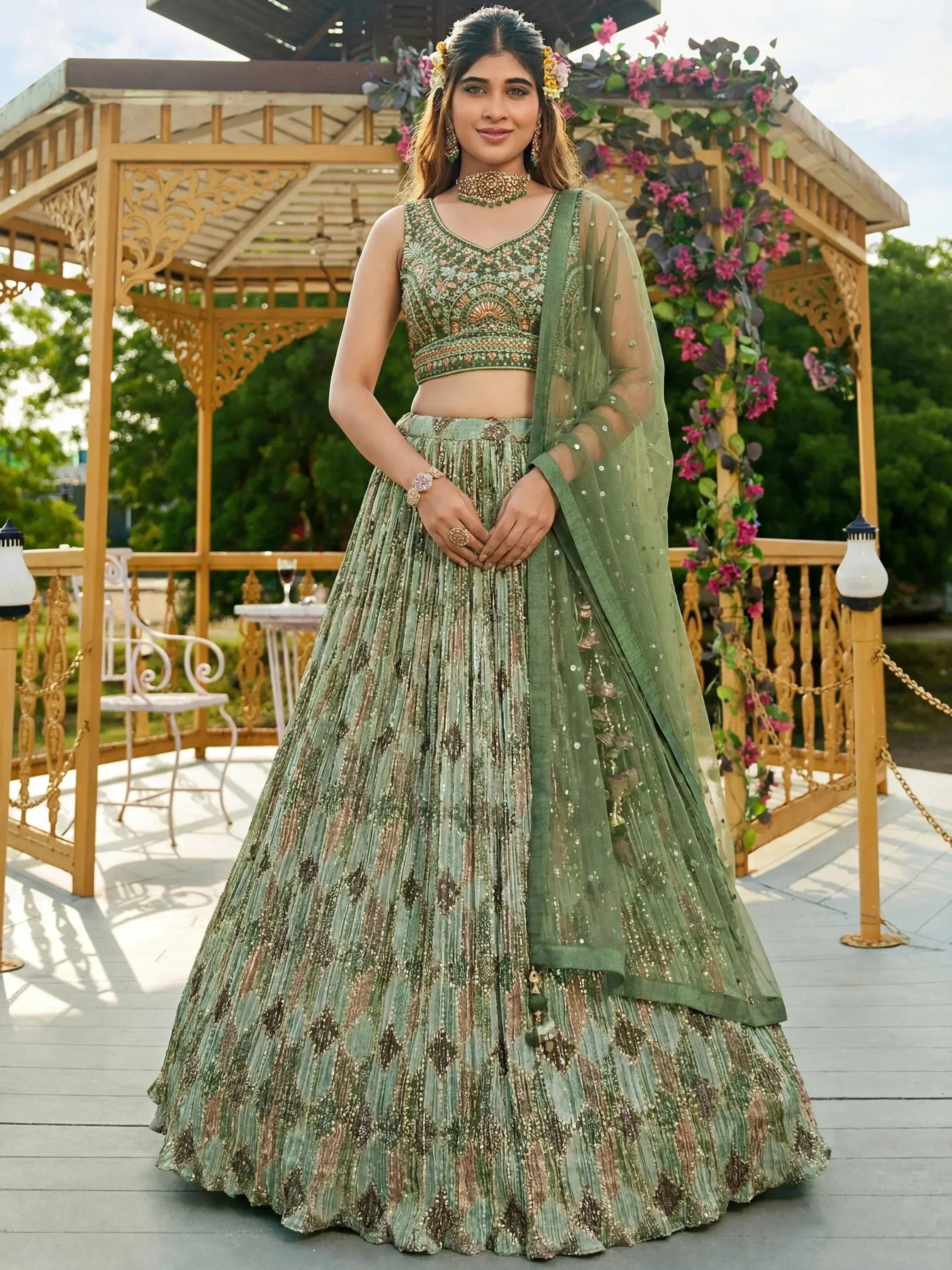 Tulsi Art Gorgeous Green Embroidered Chinon Function Wear Lehenga Choli - Dista