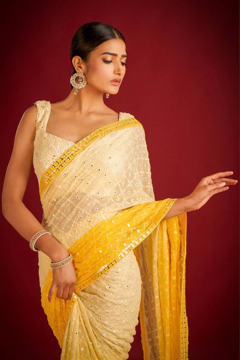 Teeya Creation Lemon Yellow Color Georgette Embroidery Work Saree - Distacart