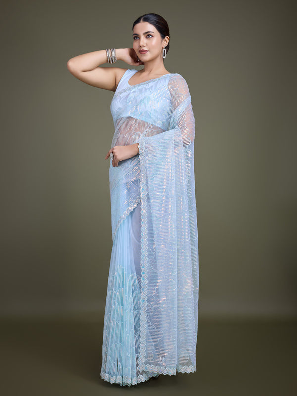 Monjolika Fashion Exclusive Women'S Light Sky Blue Soft Net SareeWith Sequin Work - Distacart