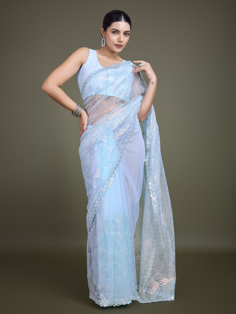Monjolika Fashion Exclusive Women'S Light Sky Blue Soft Net SareeWith Sequin Work - Distacart