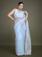 Thumbnail for Monjolika Fashion Exclusive Women'S Light Sky Blue Soft Net SareeWith Sequin Work - Distacart