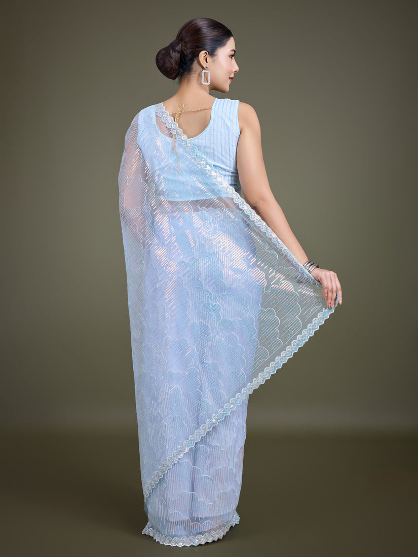 Monjolika Fashion Exclusive Women'S Light Sky Blue Soft Net SareeWith Sequin Work - Distacart