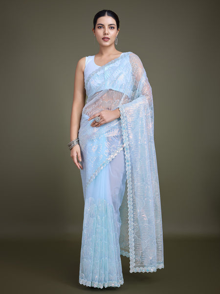 Monjolika Fashion Exclusive Women'S Light Sky Blue Soft Net SareeWith Sequin Work - Distacart