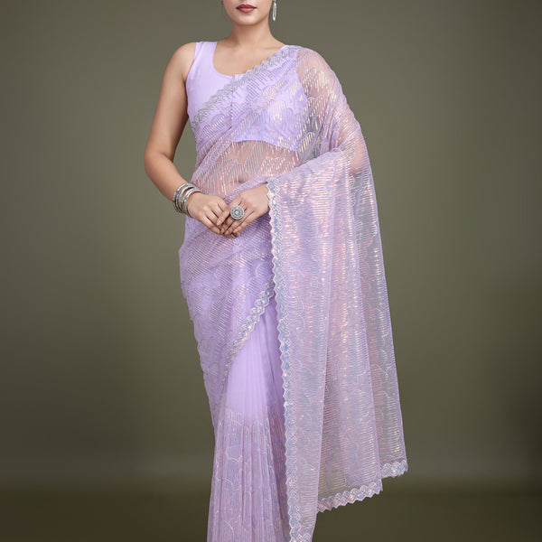 Monjolika Fashion Exclusive Women'S Lavender Soft Net SareeWith Sequin Work - Distacart