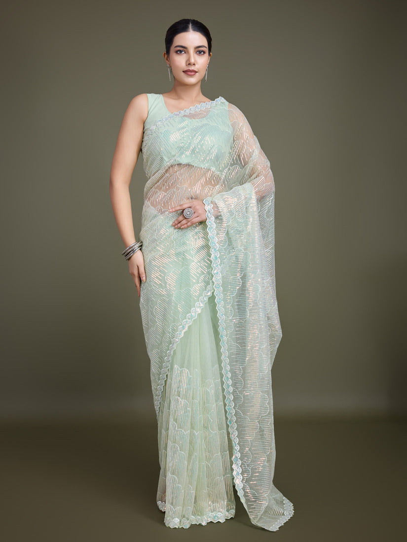 Monjolika Fashion Exclusive Women'S Light Green Soft Net SareeWith Sequin Work - Distacart