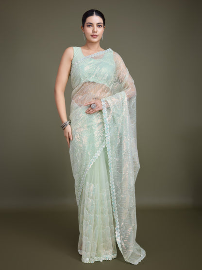 Monjolika Fashion Exclusive Women'S Light Green Soft Net SareeWith Sequin Work - Distacart