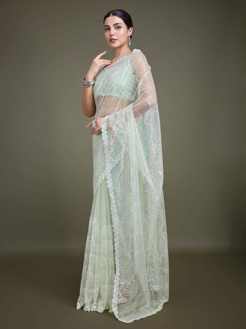 Monjolika Fashion Exclusive Women'S Light Green Soft Net SareeWith Sequin Work - Distacart