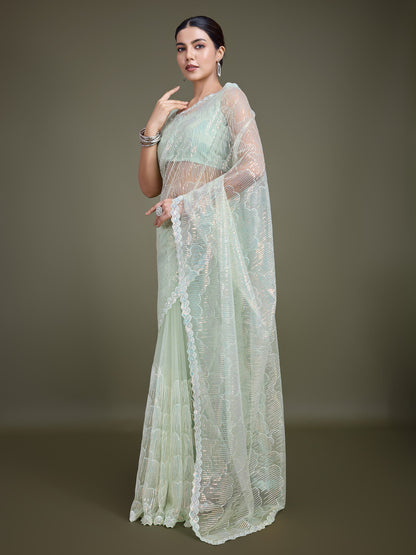 Monjolika Fashion Exclusive Women'S Light Green Soft Net SareeWith Sequin Work - Distacart