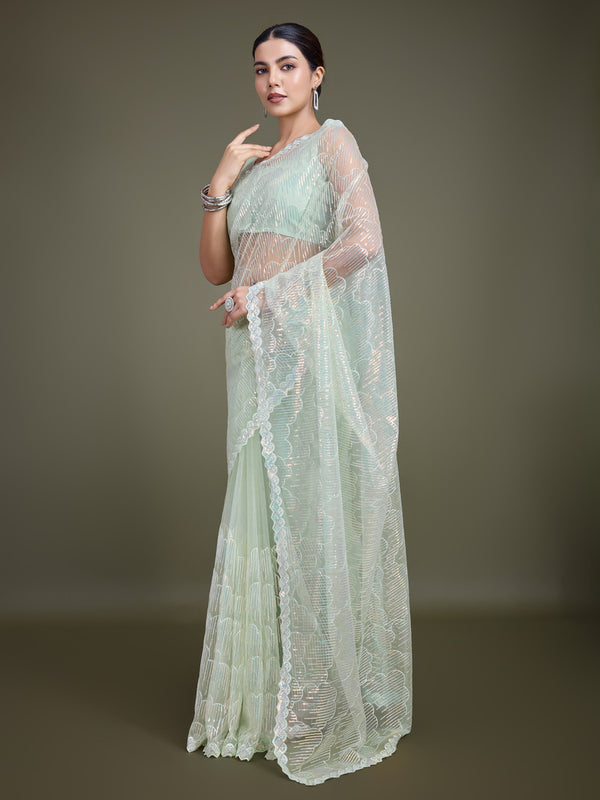 Monjolika Fashion Exclusive Women'S Light Green Soft Net SareeWith Sequin Work - Distacart