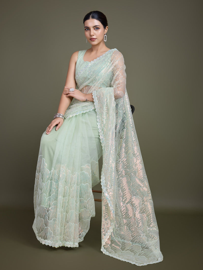 Monjolika Fashion Exclusive Women'S Light Green Soft Net SareeWith Sequin Work - Distacart