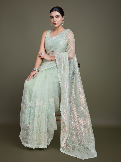 Monjolika Fashion Exclusive Women'S Light Green Soft Net SareeWith Sequin Work - Distacart