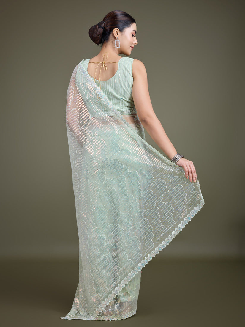 Monjolika Fashion Exclusive Women'S Light Green Soft Net SareeWith Sequin Work - Distacart