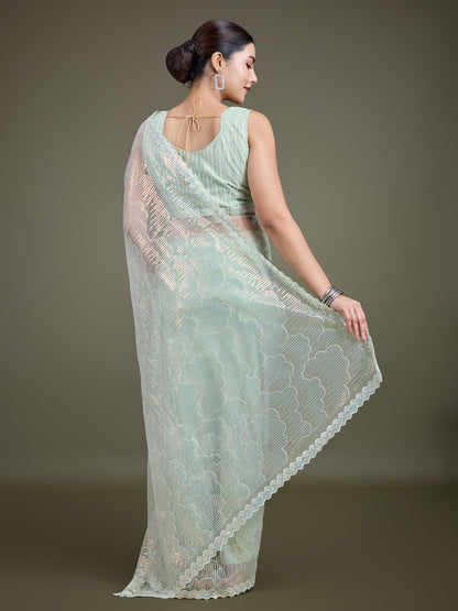 Monjolika Fashion Exclusive Women'S Light Green Soft Net SareeWith Sequin Work - Distacart