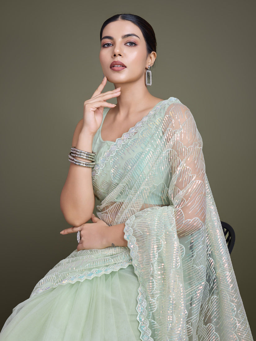 Monjolika Fashion Exclusive Women'S Light Green Soft Net SareeWith Sequin Work - Distacart