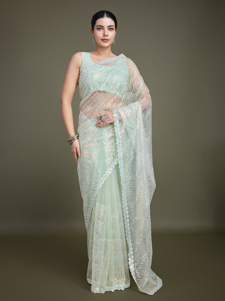 Monjolika Fashion Exclusive Women'S Light Green Soft Net SareeWith Sequin Work - Distacart