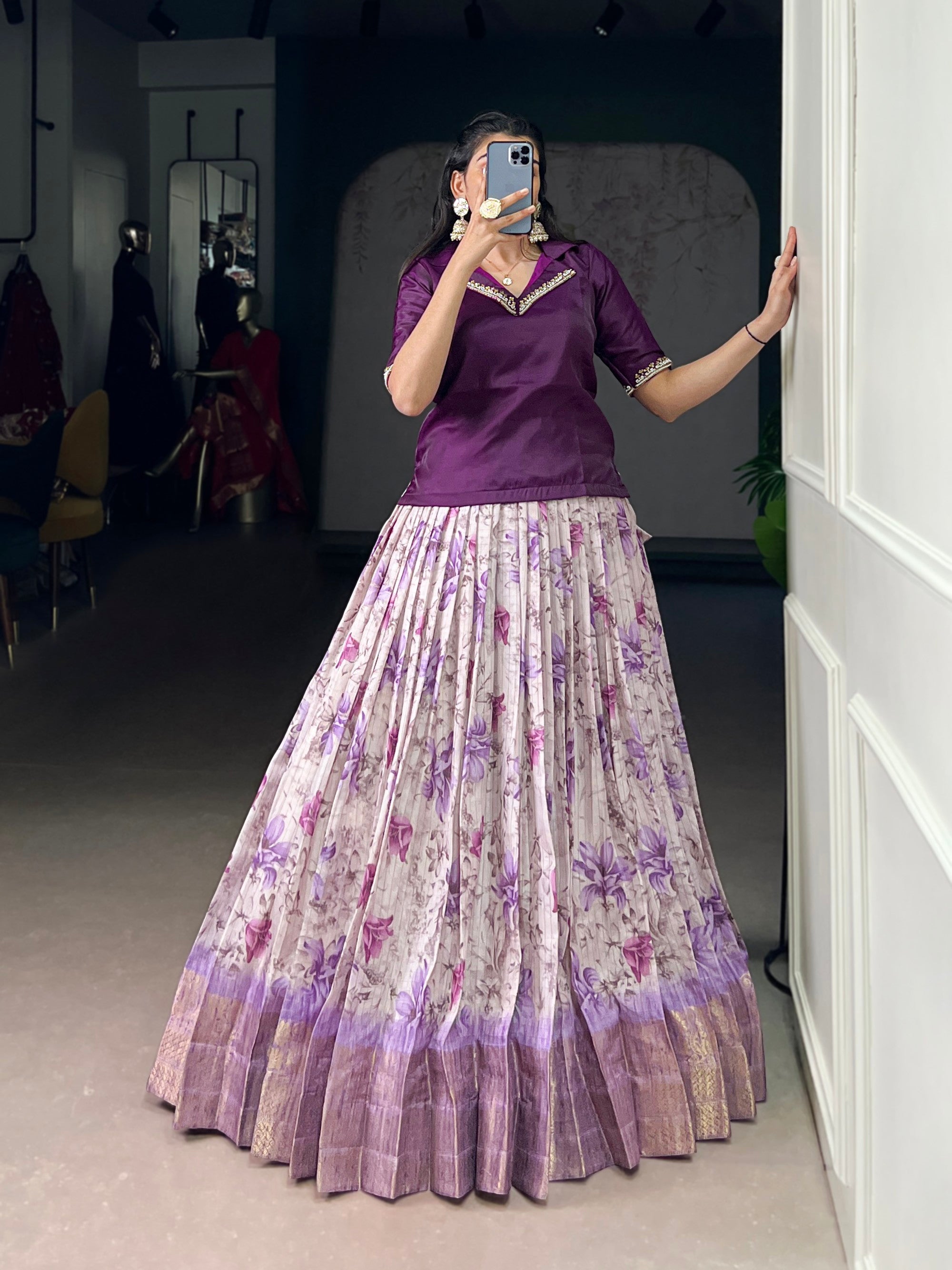 Lorenvalley Fashion Purple Dola Chex Floral Printed With Zari Weaving Work Lehenga Choli