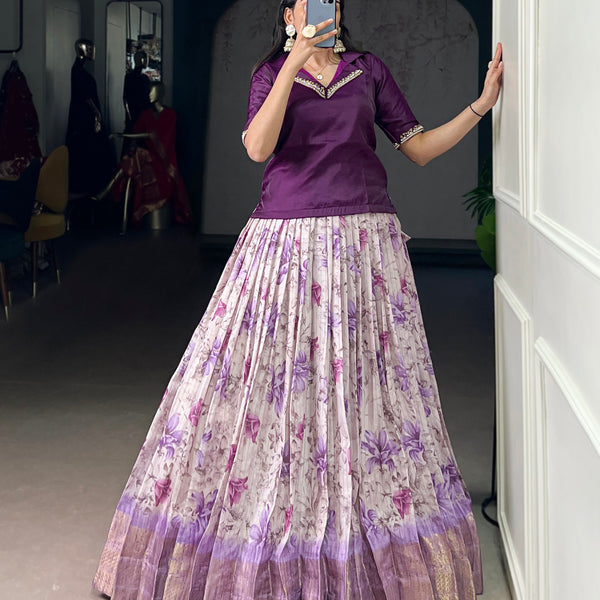 Lorenvalley Fashion Purple Dola Chex Floral Printed With Zari Weaving Work Lehenga Choli