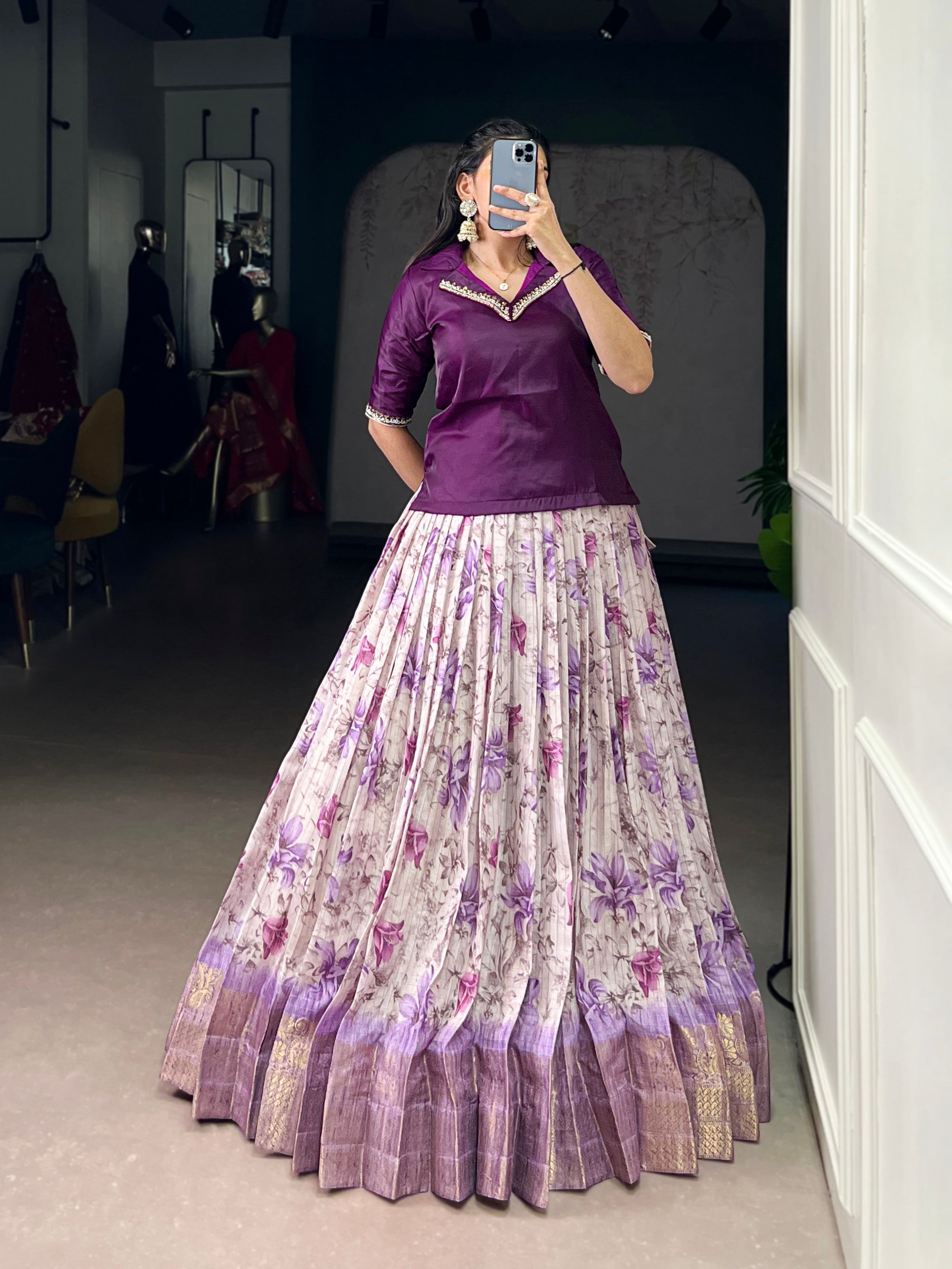 Lorenvalley Fashion Purple Dola Chex Floral Printed With Zari Weaving Work Lehenga Choli
