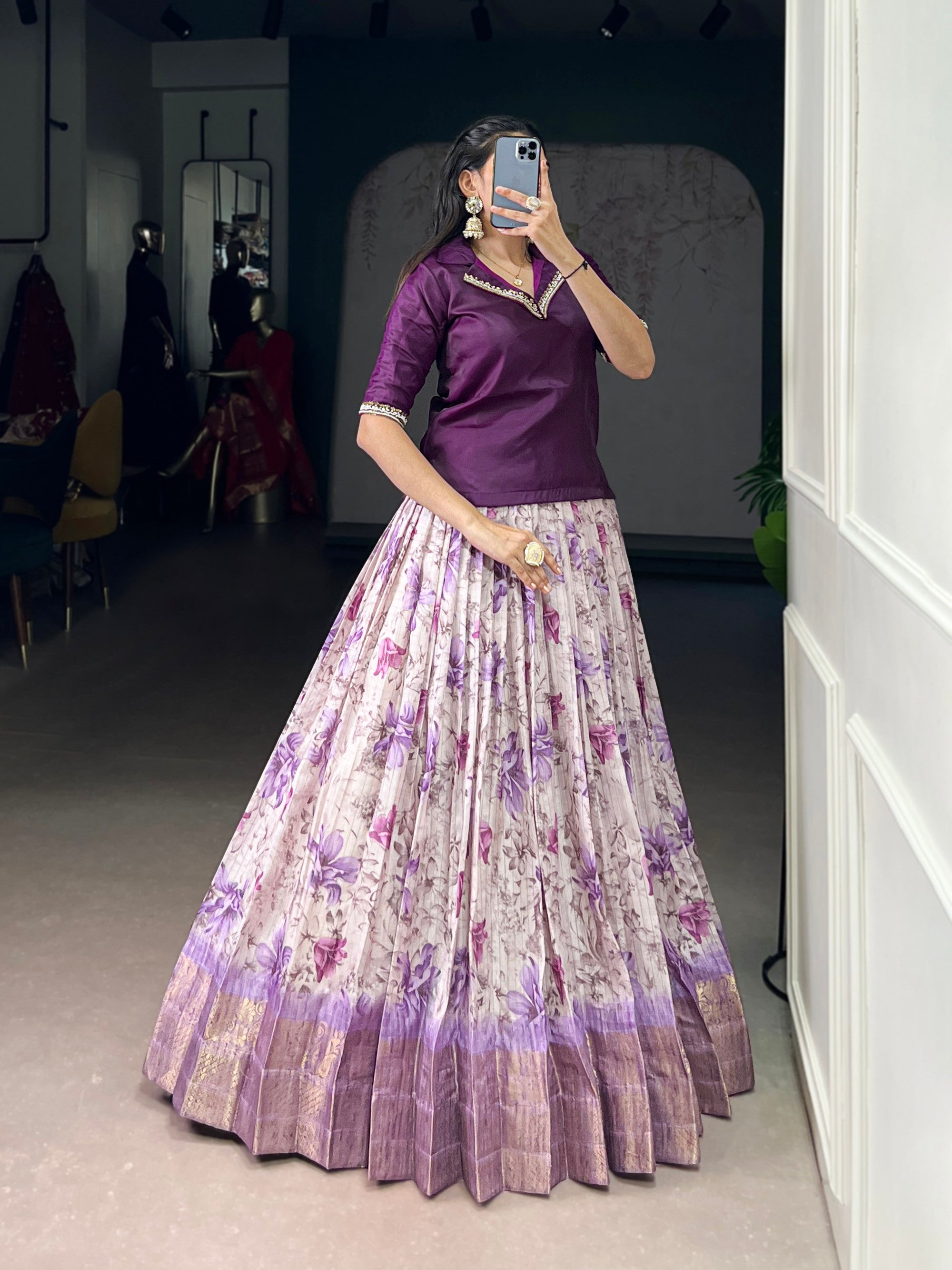 Lorenvalley Fashion Purple Dola Chex Floral Printed With Zari Weaving Work Lehenga Choli