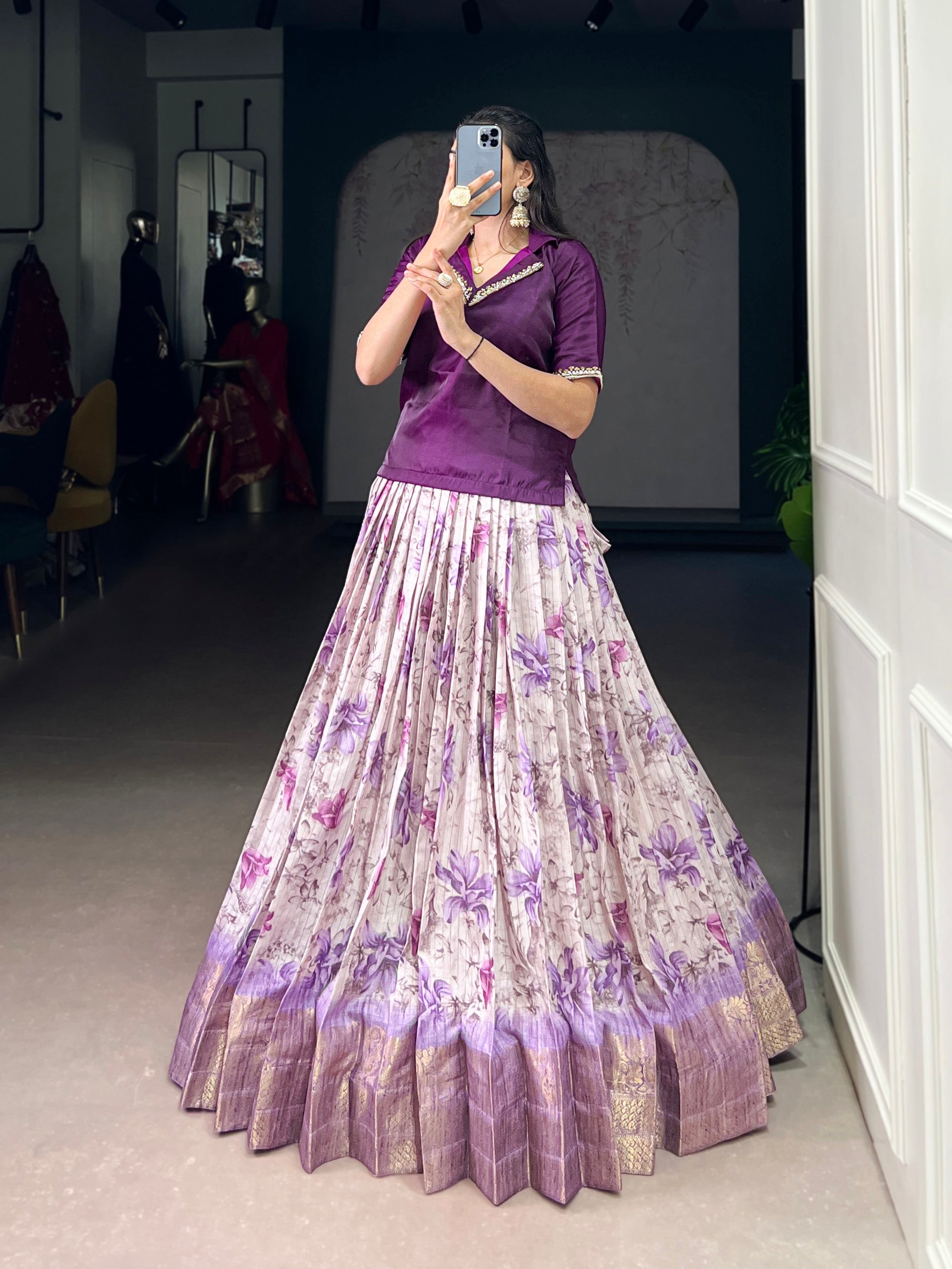 Lorenvalley Fashion Purple Dola Chex Floral Printed With Zari Weaving Work Lehenga Choli