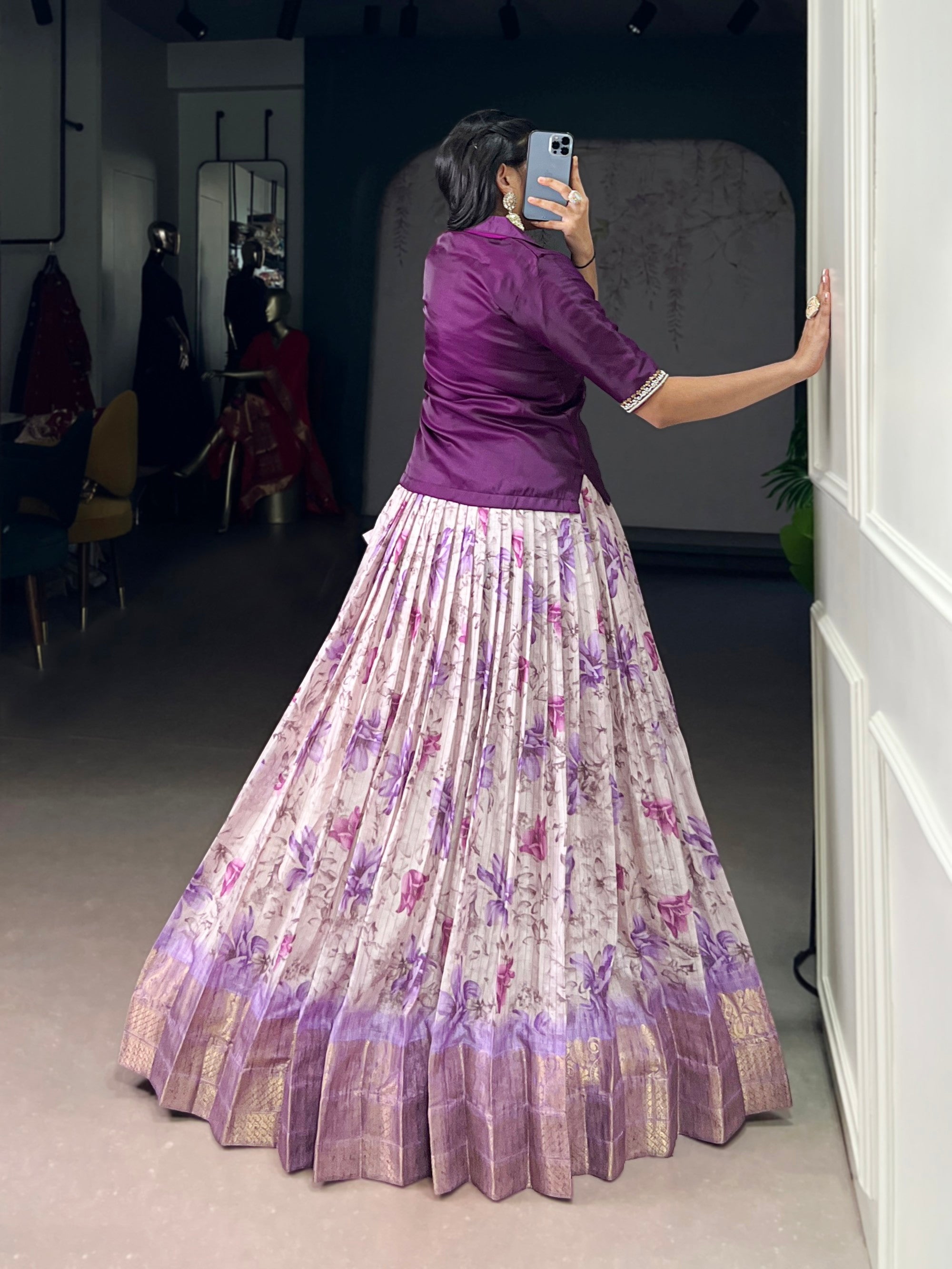 Lorenvalley Fashion Purple Dola Chex Floral Printed With Zari Weaving Work Lehenga Choli