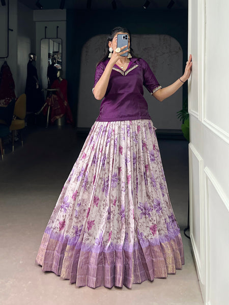 Lorenvalley Fashion Purple Dola Chex Floral Printed With Zari Weaving Work Lehenga Choli
