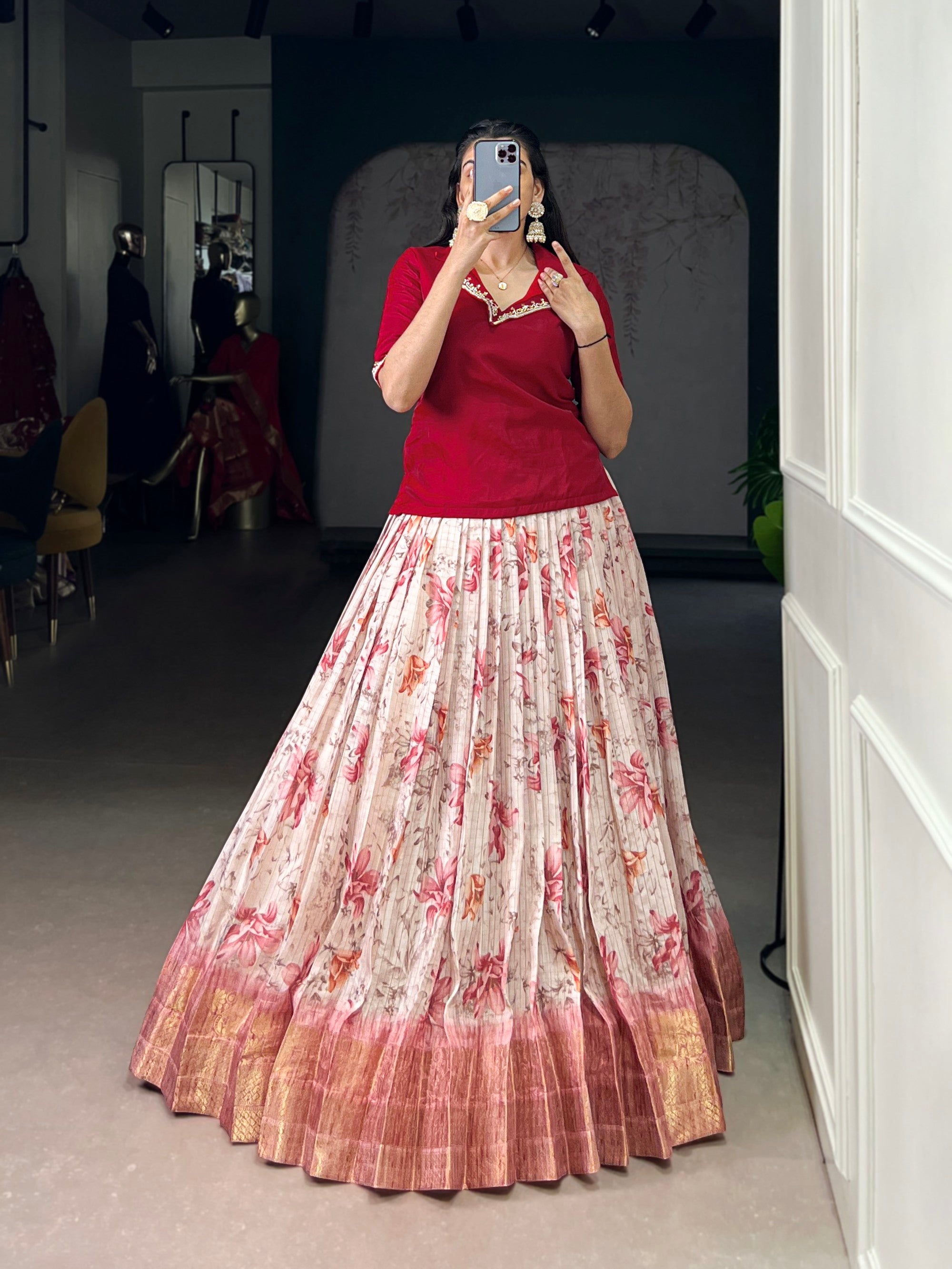 Lorenvalley Fashion Red Dola Chex Floral Printed With Zari Weaving Work Lehenga Choli