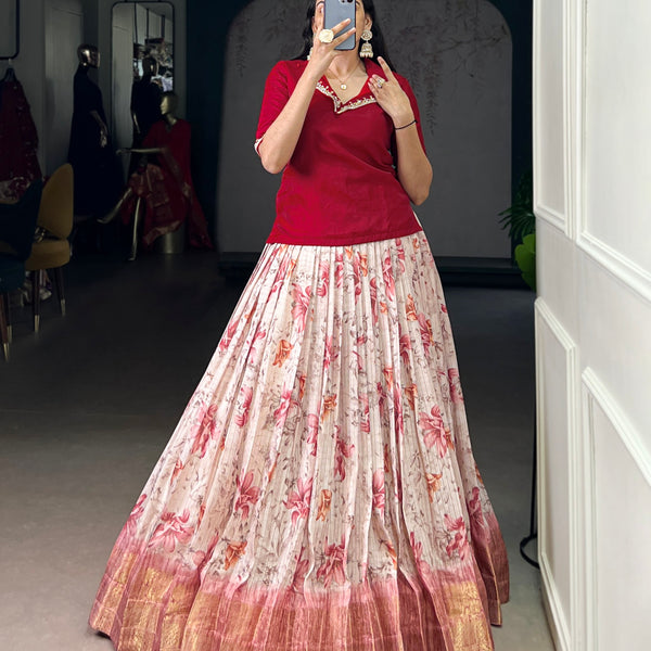 Lorenvalley Fashion Red Dola Chex Floral Printed With Zari Weaving Work Lehenga Choli - Distacart