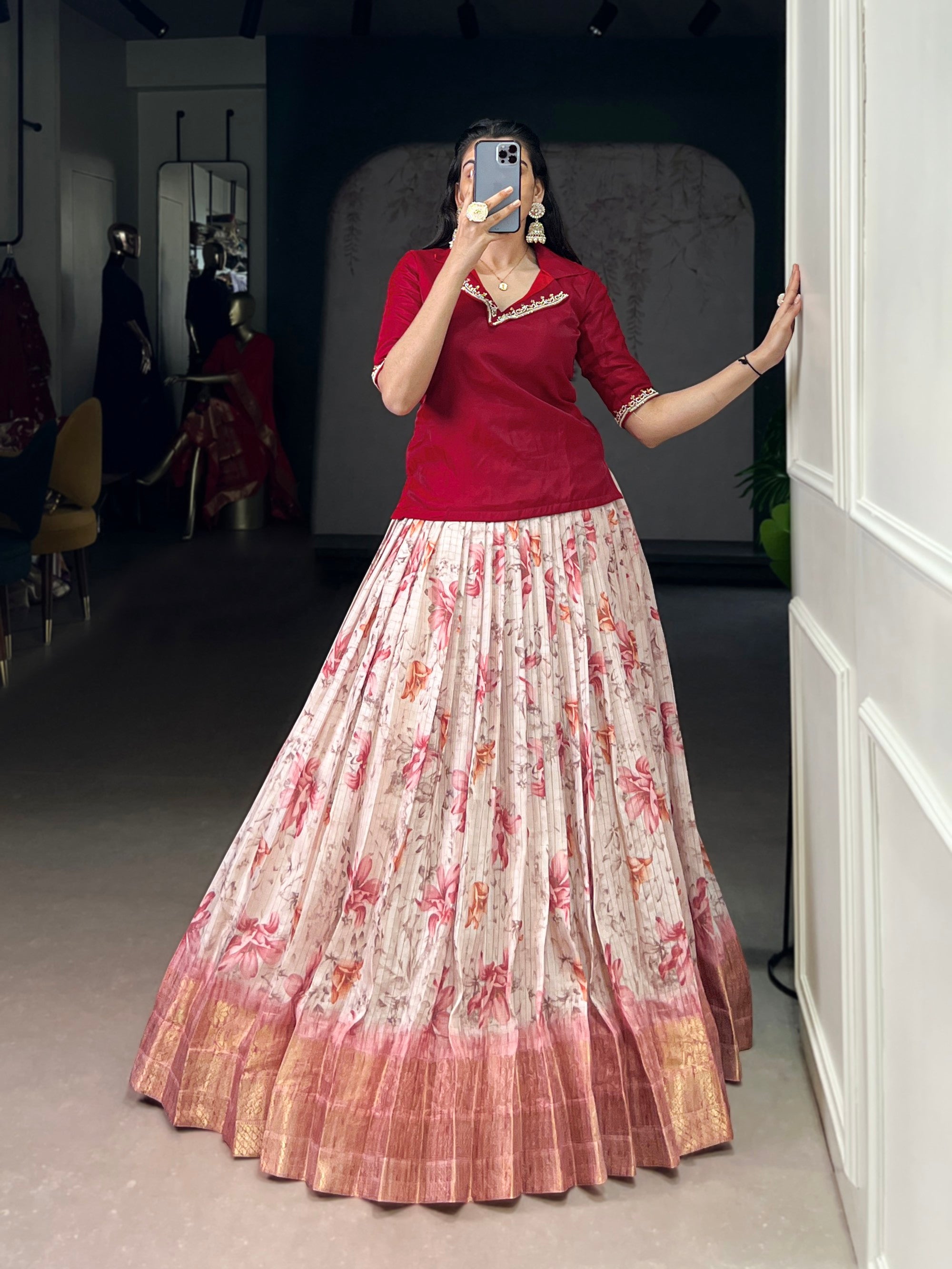 Lorenvalley Fashion Red Dola Chex Floral Printed With Zari Weaving Work Lehenga Choli
