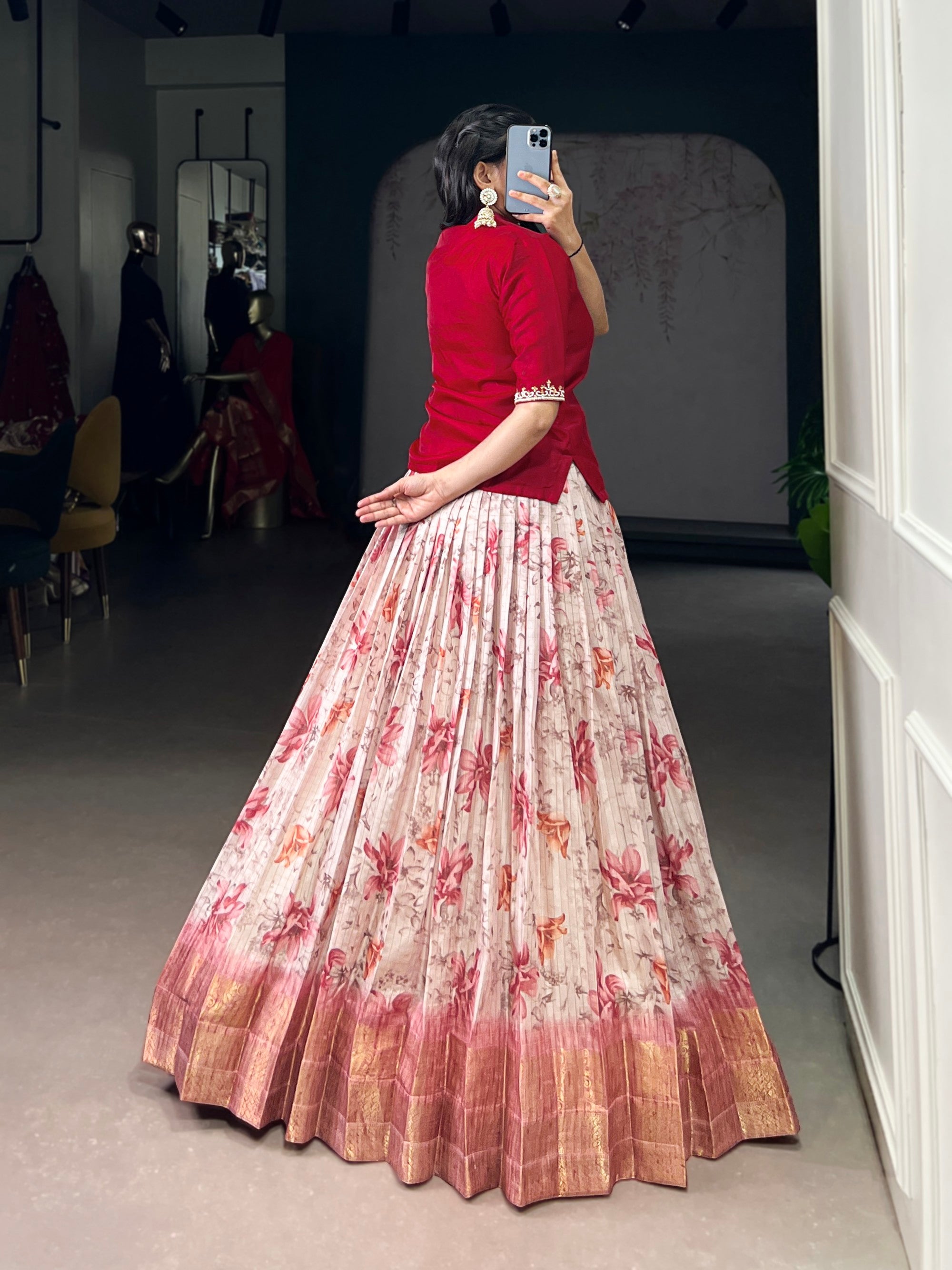 Lorenvalley Fashion Red Dola Chex Floral Printed With Zari Weaving Work Lehenga Choli