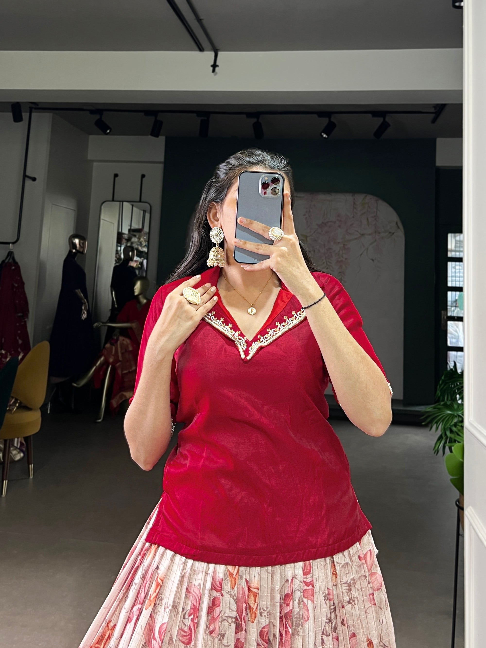 Lorenvalley Fashion Red Dola Chex Floral Printed With Zari Weaving Work Lehenga Choli